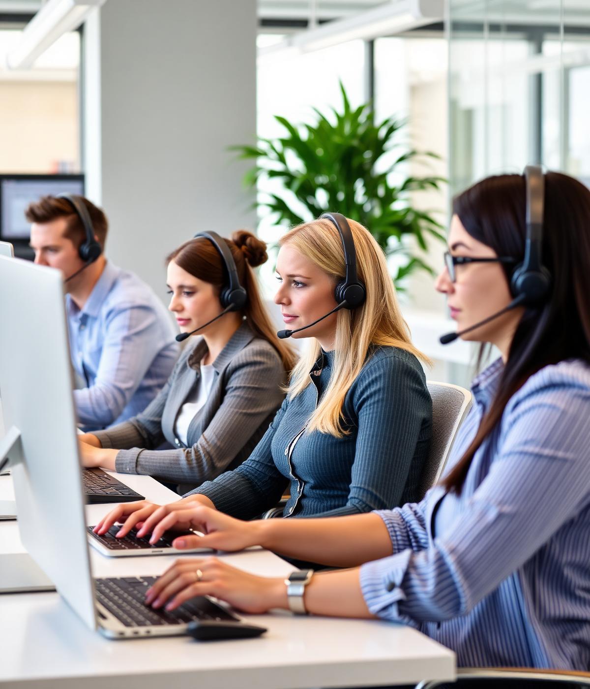 Team klantenservicemedewerkers met headset aan het werk